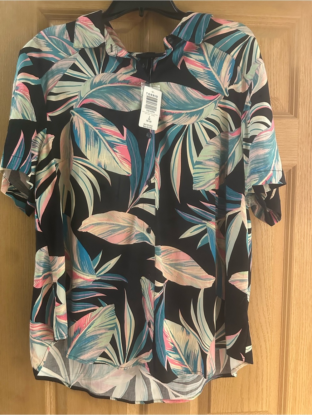 torrid Black Tropical Leaf Print Blouse with Pink & Blue Accents